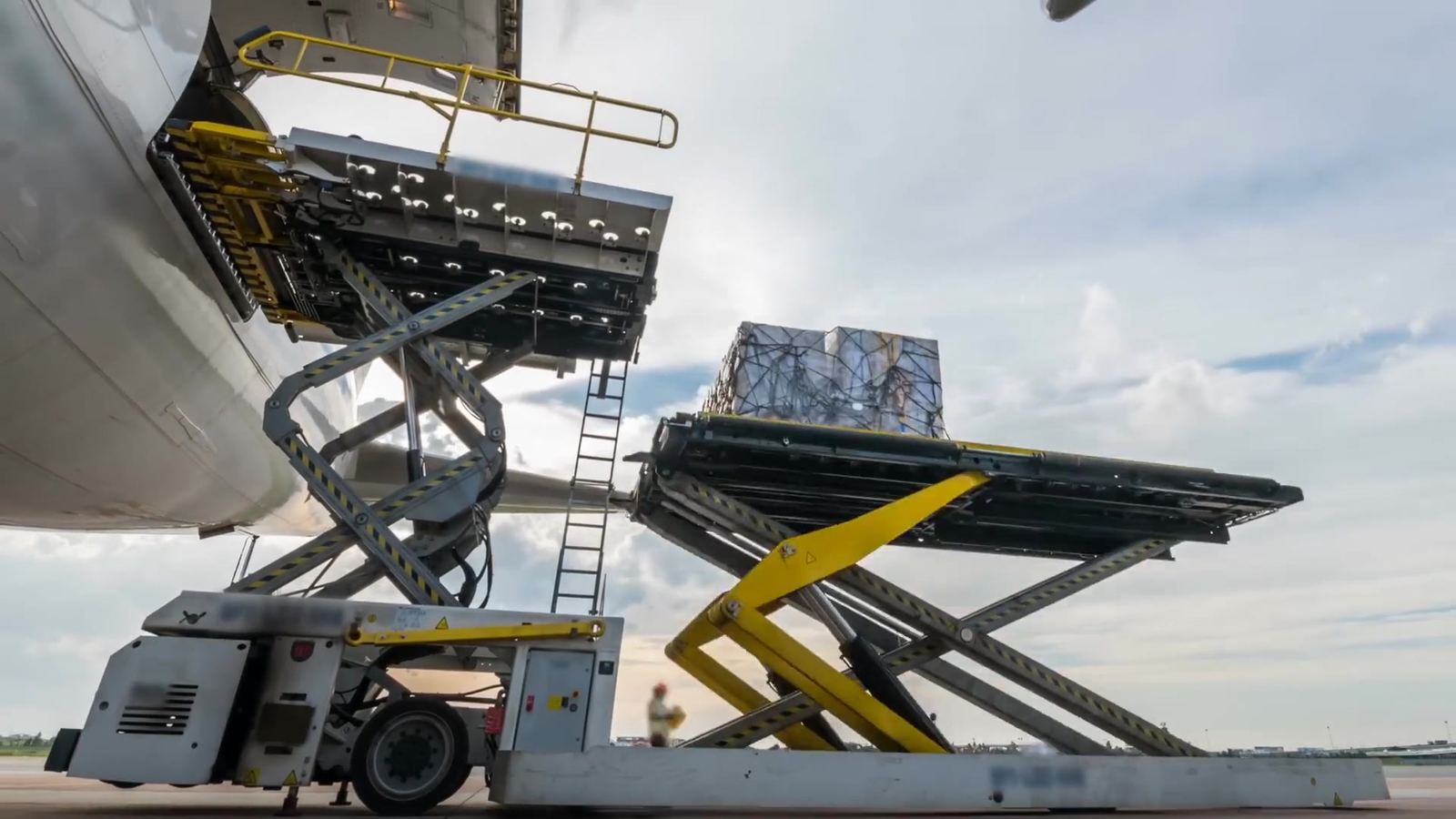 Air cargo pallet being loaded to an aircraft on the ramp